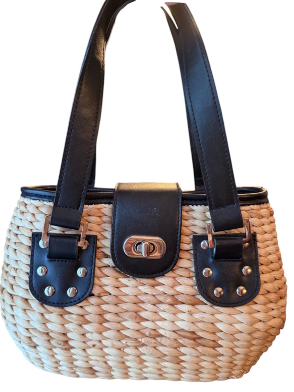 Kelly & Katie straw basket purse black faux-leather trim silver tone hardware
